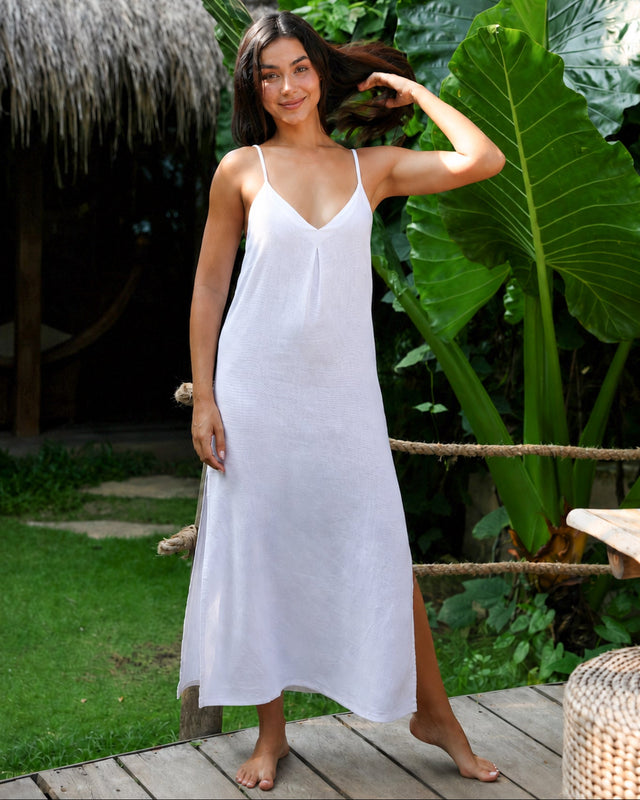 The Santorini Solid White Linen Beach Dress