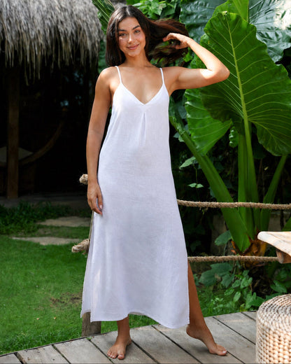 The Santorini Solid White Linen Beach Dress